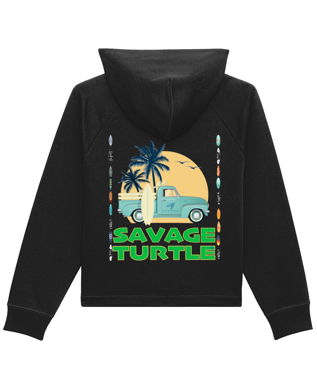 Black Ladies Hoodie Savage Turtle Surf Pick Up front & back