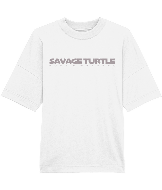 White Oversized T-shirt Savage Turtle Text Front & Back