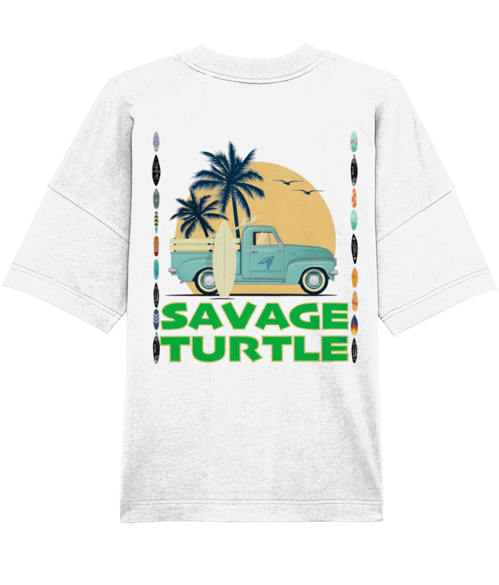 White oversized T-shirt Savage Turtle Surf Pick Up Front & Back
