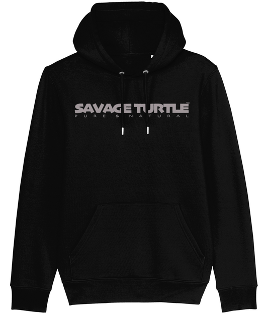 Relaxed Fit Hoodie Black Savage Turtle Text Front & Back