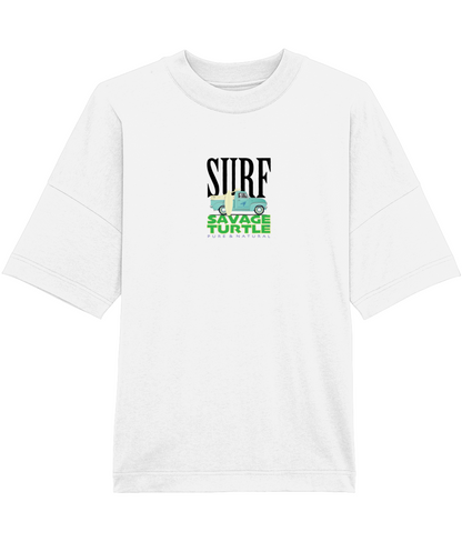 White oversized T-shirt Savage Turtle Surf Pick Up Front & Back